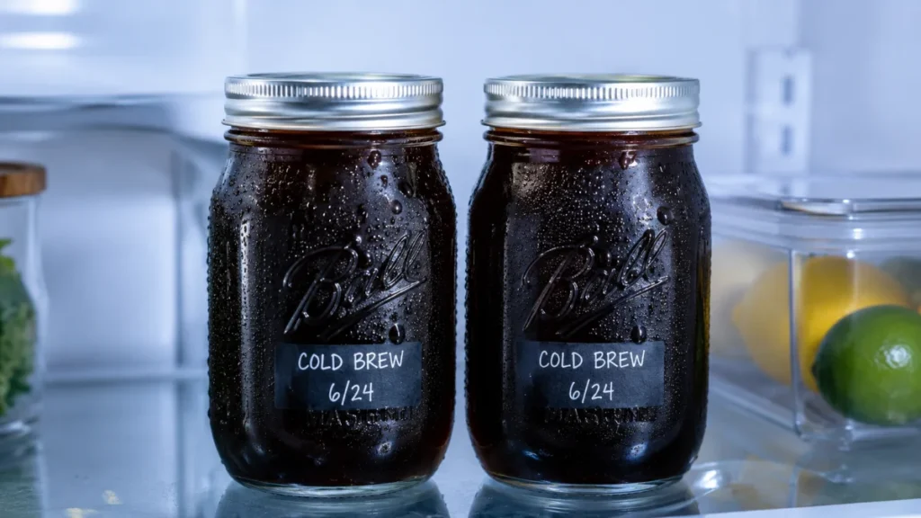  Two sealed mason jars of cold brew concentrate on a refrigerator shelf
Original Location