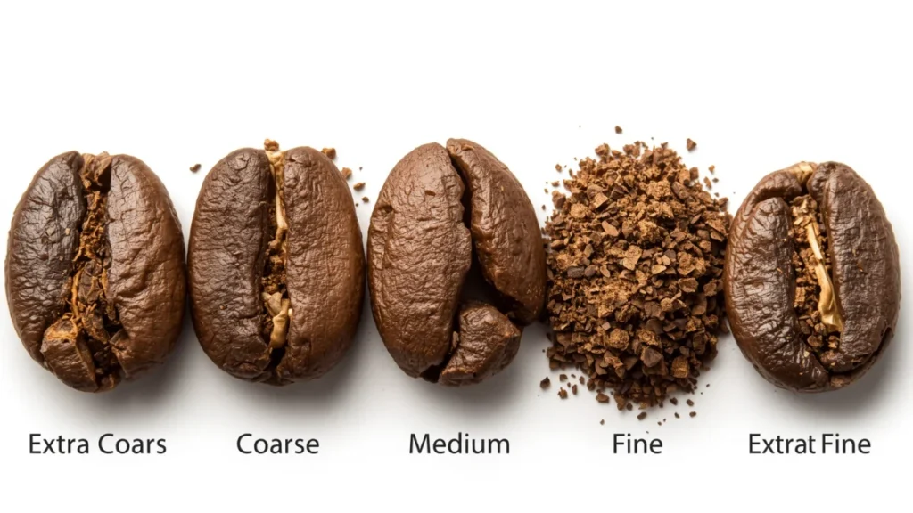 Different ground sizes for  brewing coffee in display