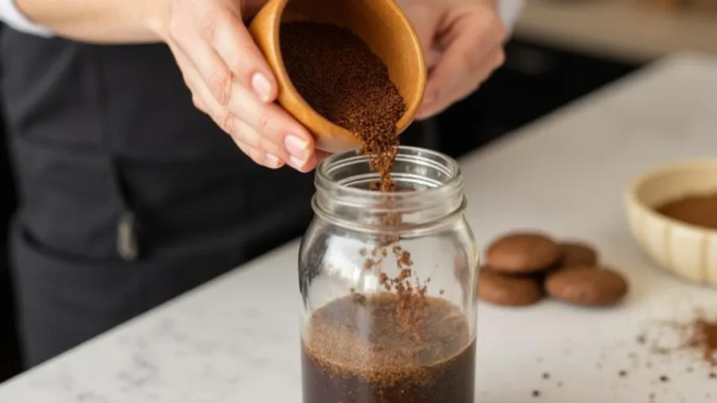 Hands pouring coarsely ground coffee into a glass mason jar of cold water to make cold brew concentrate