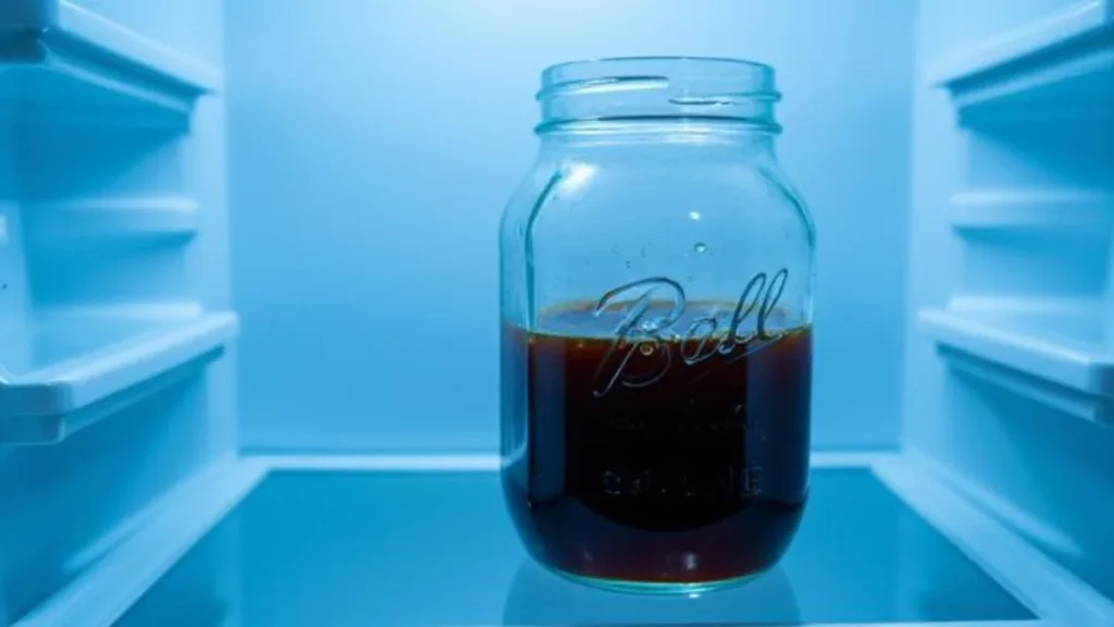 A sealed mason jar of cold brew concentrate steeping inside a refrigerator on a clean shelf