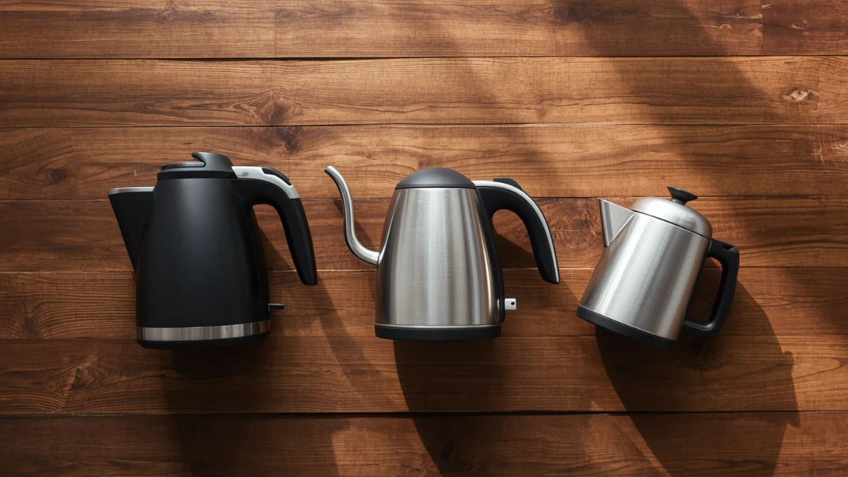Three gooseneck kettles side by side on a wooden surface — electric, stovetop, and budget options for home coffee brewing
