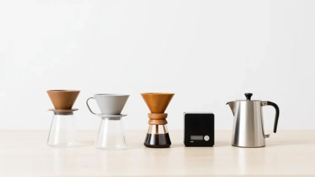 Five essential budget coffee items displayed on a kitchen counter including a V60 dripper, French press, manual grinder, digital scale and gooseneck kettle