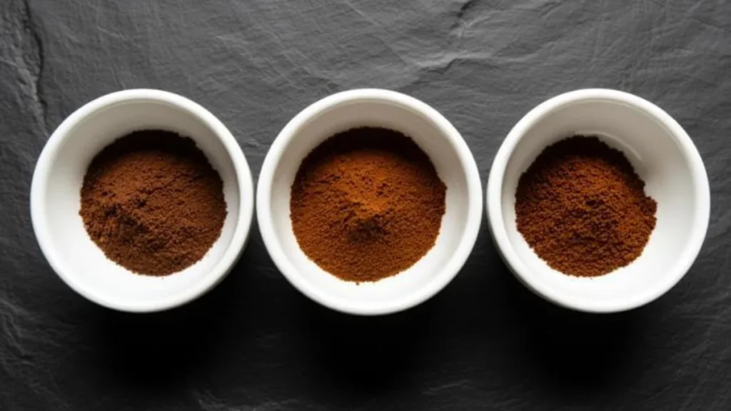 Three bowls showing coffee grounds at different grind sizes — fine, medium, and coarse — on a dark slate surface
