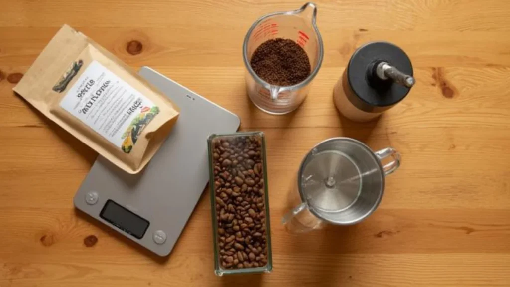 Cold brew brewing ingredients including a kitchen scale, coffee beans, measuring jug and grinder laid out on a wooden surface`