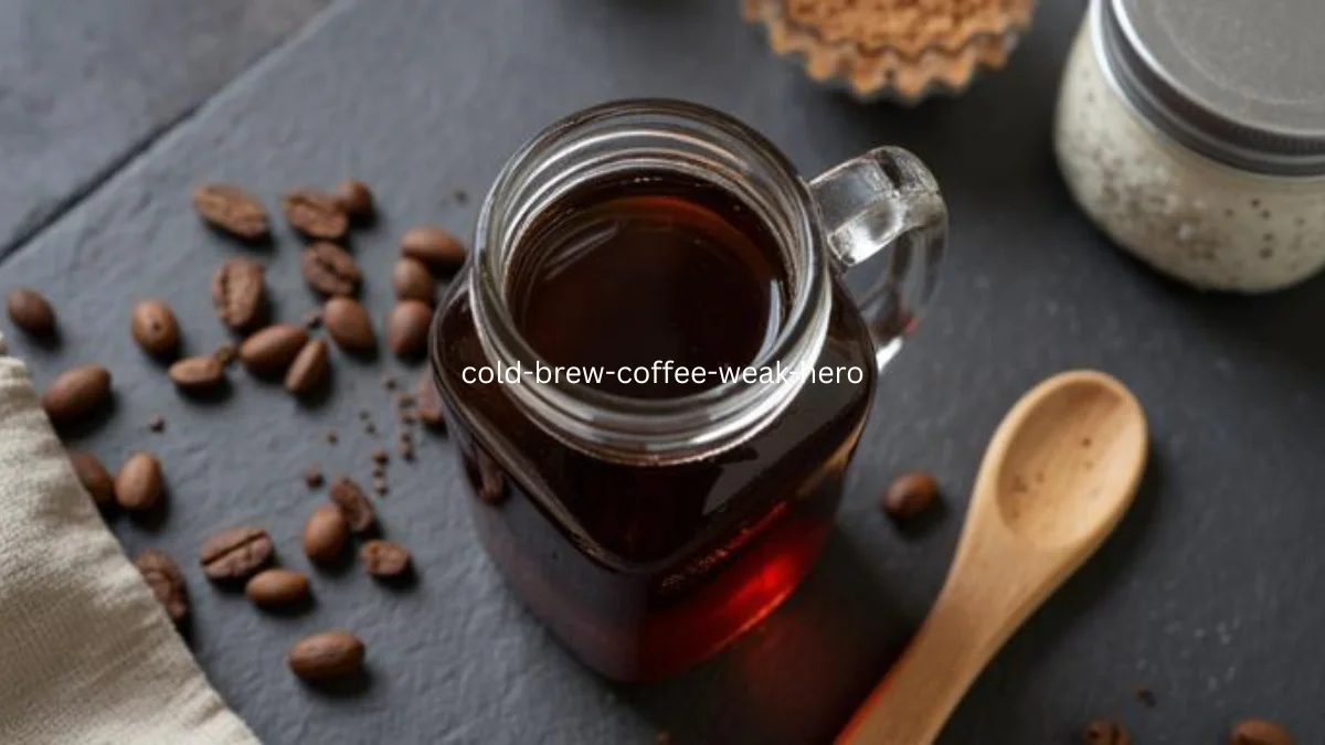 A mason jar of dark cold brew coffee concentrate surrounded by whole coffee beans on a dark slate surface