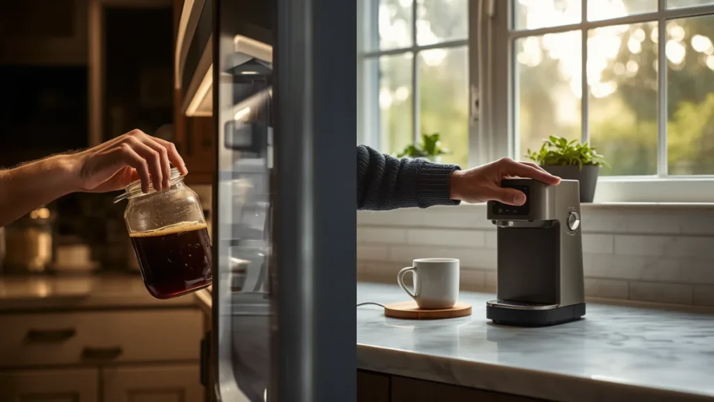 Split lifestyle image showing cold brew being placed in fridge overnight versus electric cold brew made instantly in the morning`