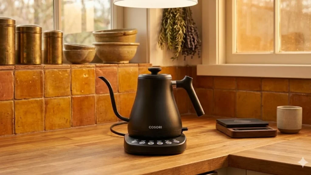 COSORI electric gooseneck kettle with temperature preset buttons on a kitchen counter