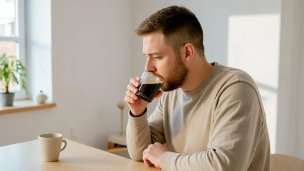  A person sipping black coffee from a clear glass mug with a thoughtful evaluating expression in a bright morning kitchen