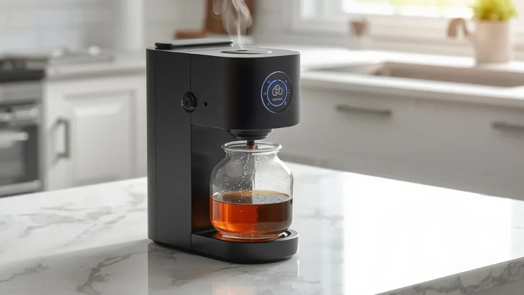 Electric cold brew maker actively extracting concentrate into a small glass jar on a modern kitchen countertop`