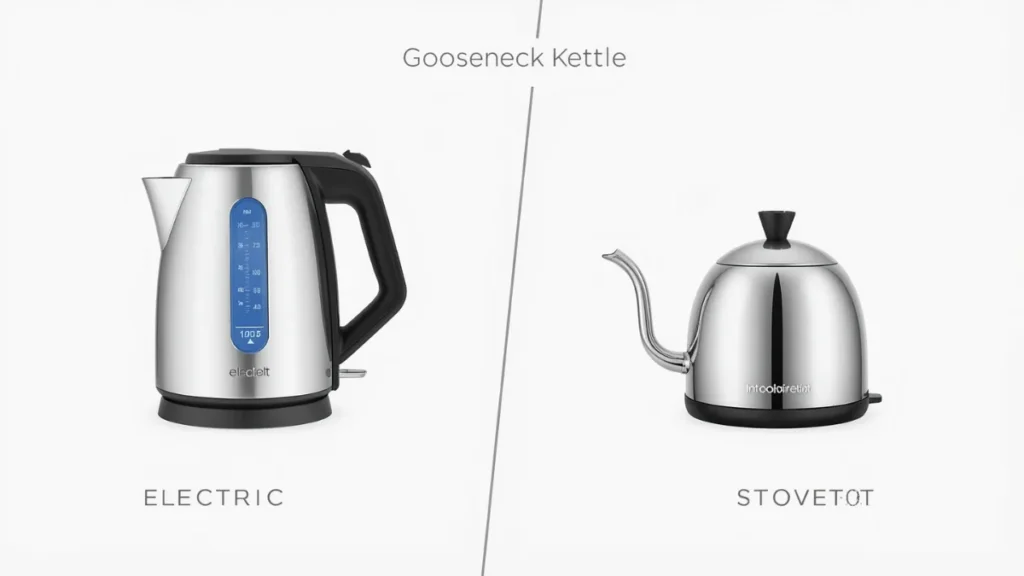 Split image comparing an electric gooseneck kettle on the left and a stovetop gooseneck kettle on the right 