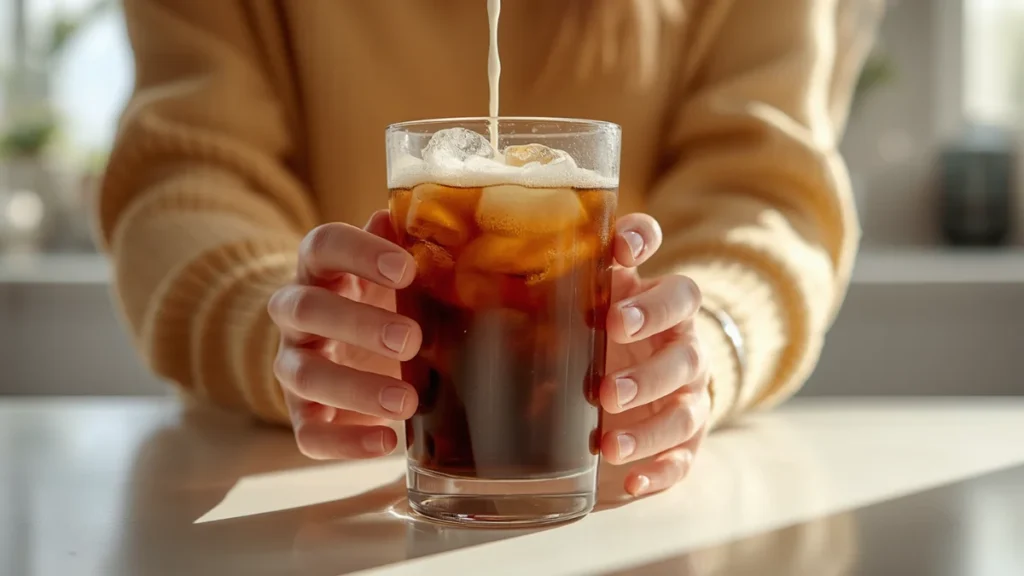 Person holding a glass of iced cold brew coffee with oat milk in a bright morning kitchen setting