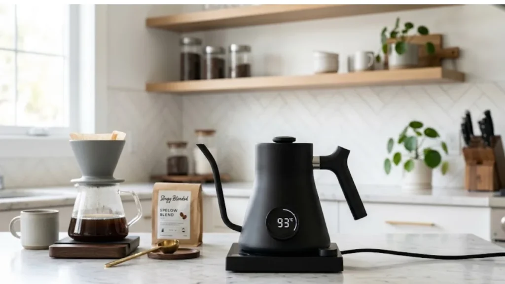 Fellow Stagg EKG electric gooseneck kettle in matte black with the LCD temperature display visible 
