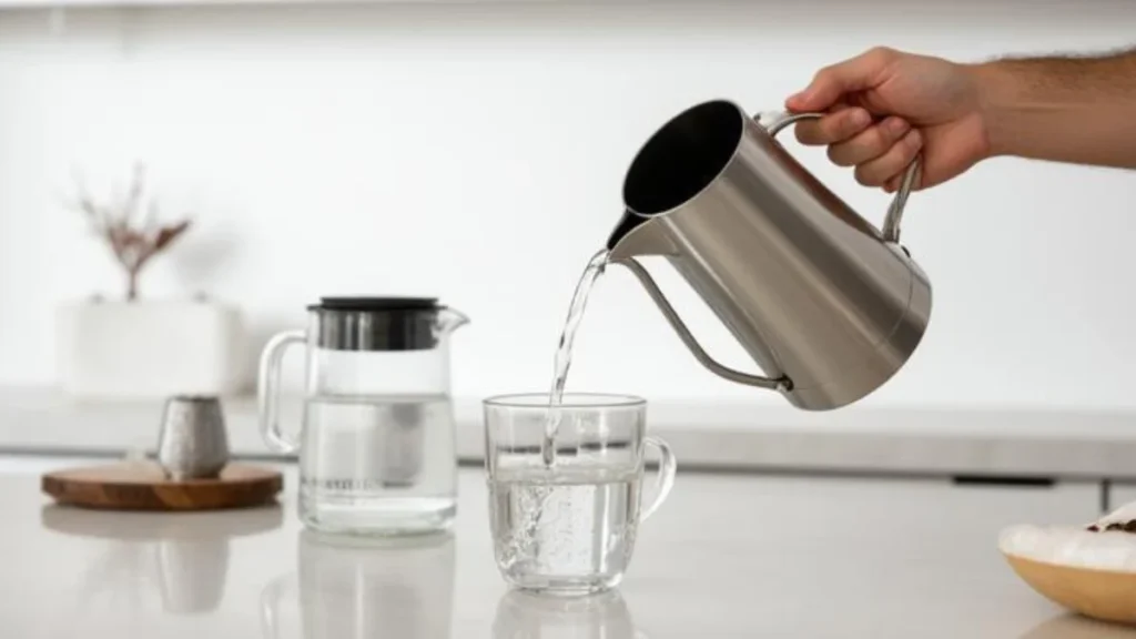 Filtered water being poured from a glass jug into a gooseneck kettle on a kitchen counter with a water filter pitcher in the background