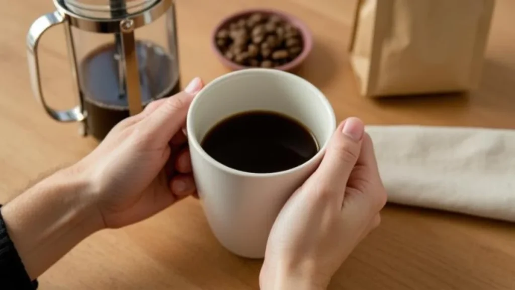 Hands holding a ceramic mug of freshly brewed black coffee at a kitchen table with a French press and coffee beans visible in the background