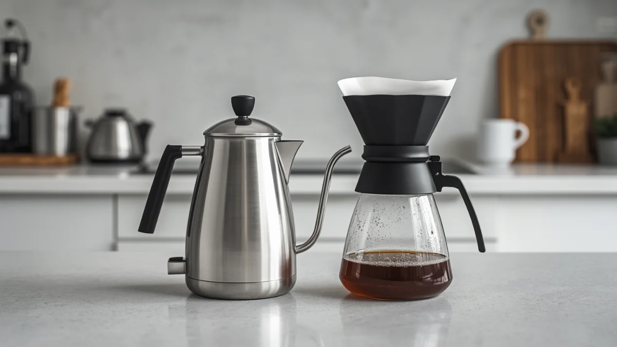 a Gooseneck kettle and a Pour-over coffee maker sitting side-by-sde on a modern kitchen counte