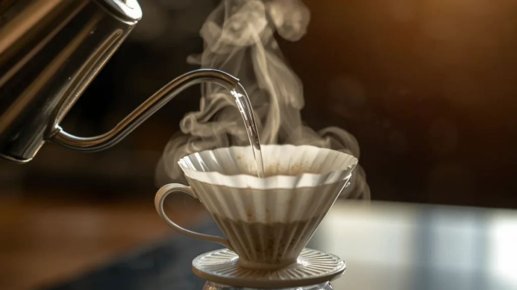 A matte black gooseneck kettle beside a pour over server with fresh coffee on a minimal wooden brewing station 
