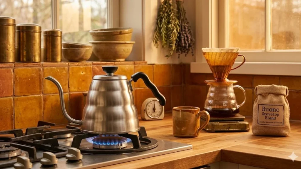 Hario V60 Buono stovetop gooseneck kettle on a gas hob showing its classic curved spout silhouette 