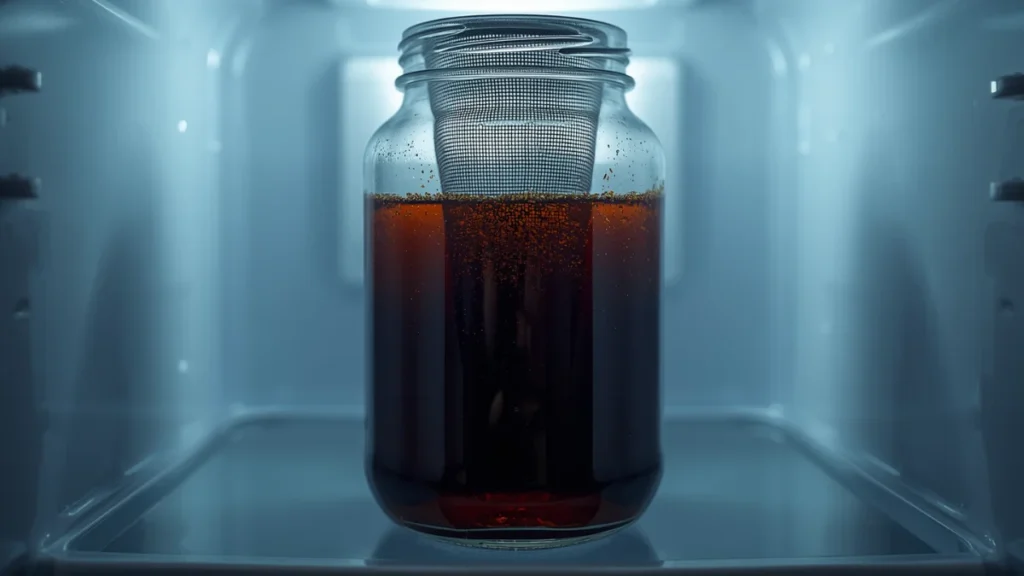 Glass immersion cold brew jar steeping overnight in a refrigerator with dark concentrate visible through the glass`