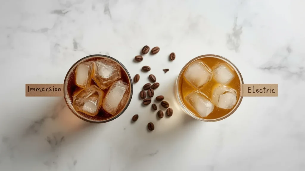 Two glasses of cold brew over ice side by side showing immersion and electric cold brew colour comparison`
