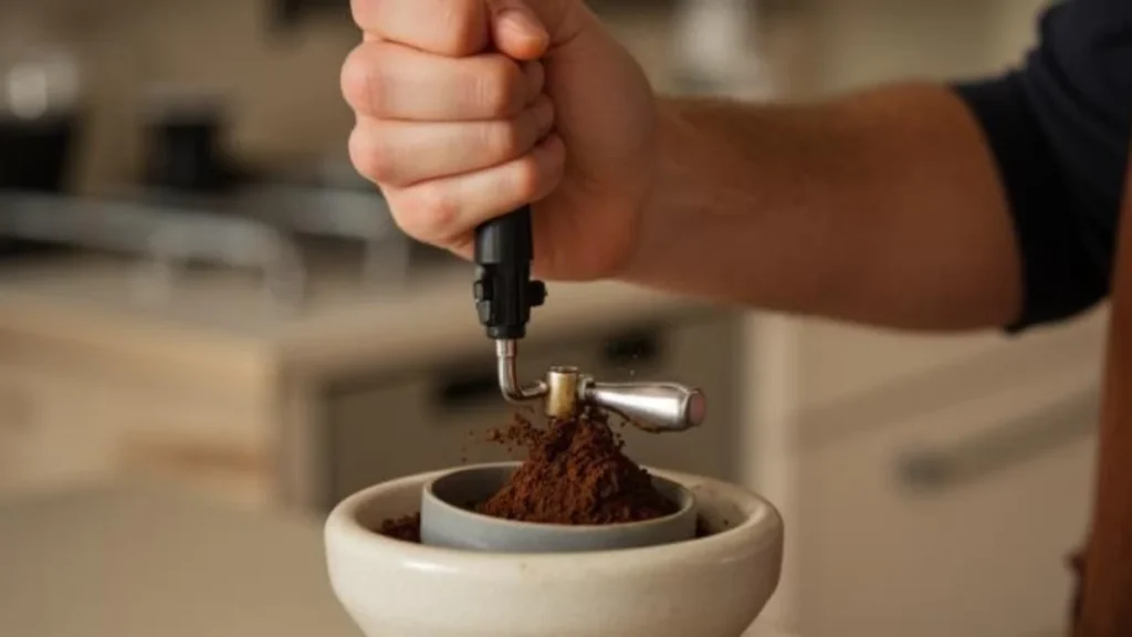 A hand grinding fresh coffee beans with a manual burr grinder over a small ceramic bowl on a kitchen countertop