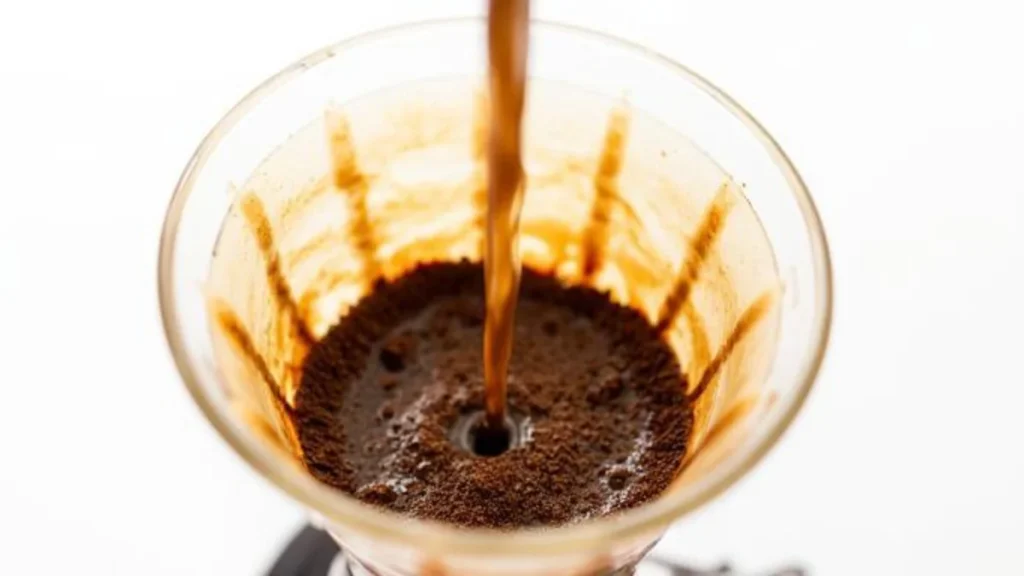 Dark over-extracted coffee flowing through a glass pour-over dripper showing the saturation process up close
