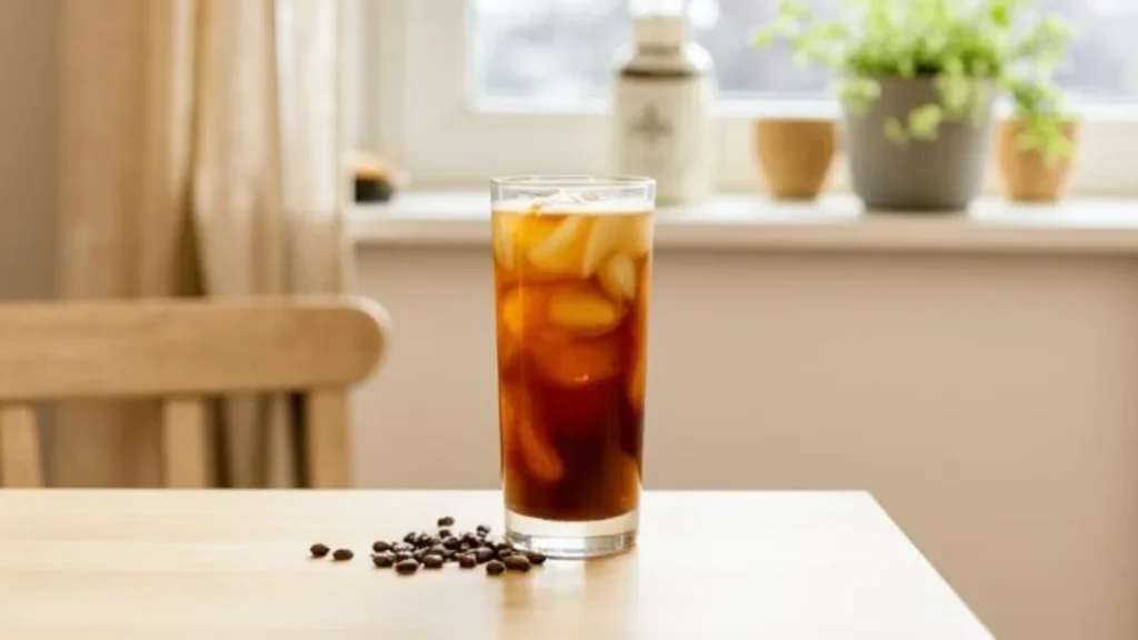 A tall glass of cold brew coffee served over ice with milk swirling through it on a wooden table in morning light`
