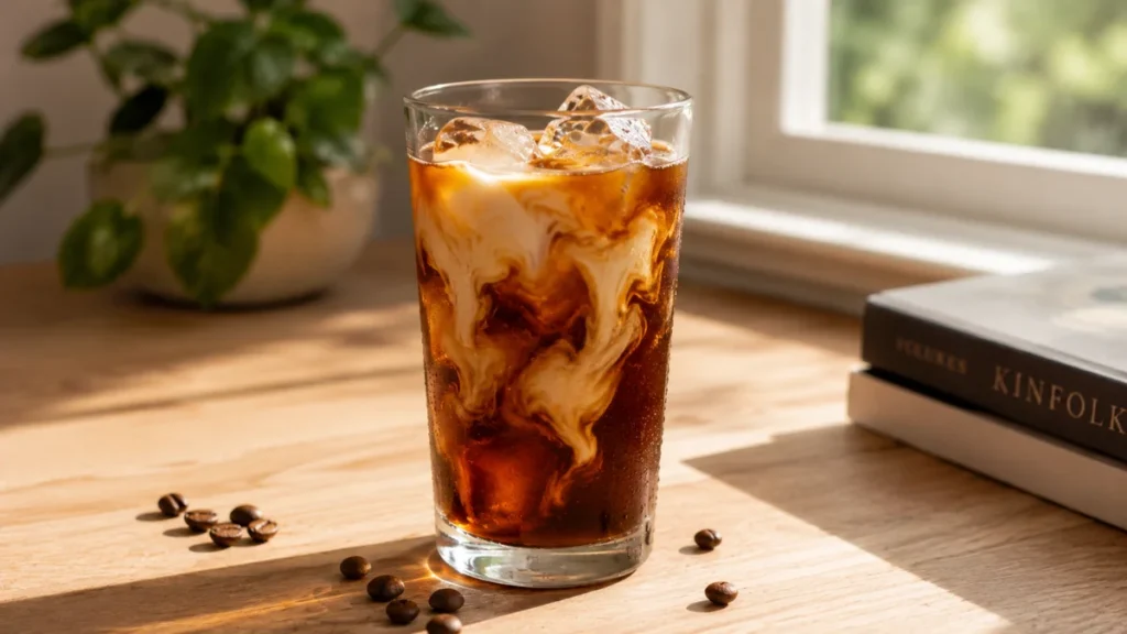 how to dilute cold brew coffee: A perfectly brewed cup of black coffee in a white mug on a wooden table beside a small notebook in a bright morning kit