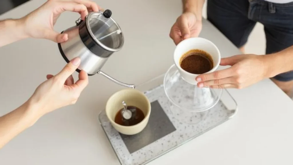 Hands pouring water from a gooseneck kettle into a Hario V60 dripper on a digital scale during a pour-over coffee brew
