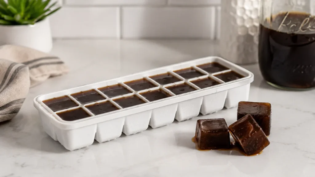 A silicone ice cube tray filled with coffee liquid beside frozen coffee ice cubes