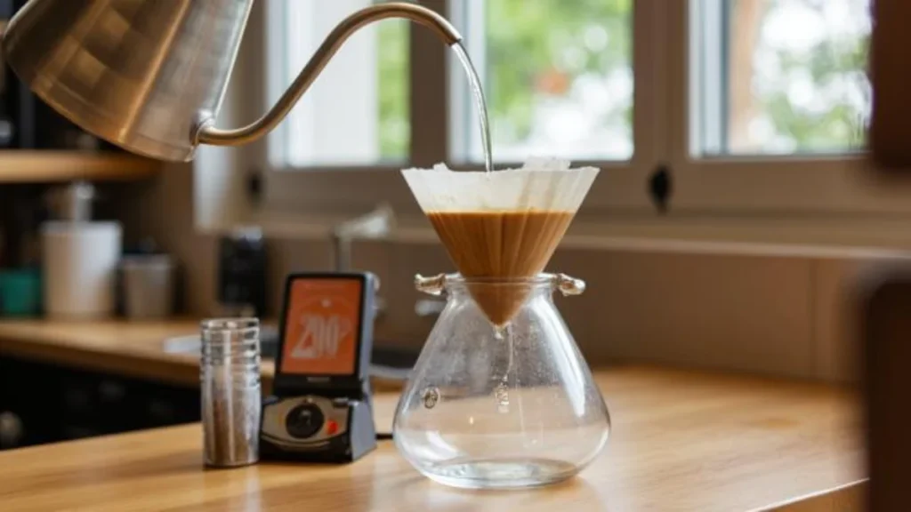 A gooseneck kettle pouring hot water into a V60 pour-over dripper with a digital thermometer showing 200 degrees Fahrenhe