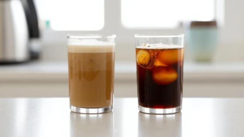 Two glasses side by side showing the contrast between weak watery cold brew and rich dark cold brew coffee`
