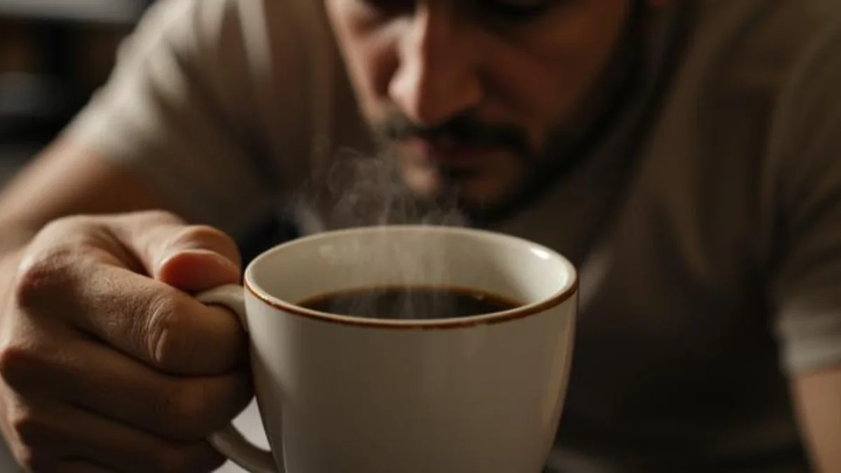 A person holding a white ceramic mug of bitter-tasting coffee with a dissatisfied expression in a warm kitchen setting