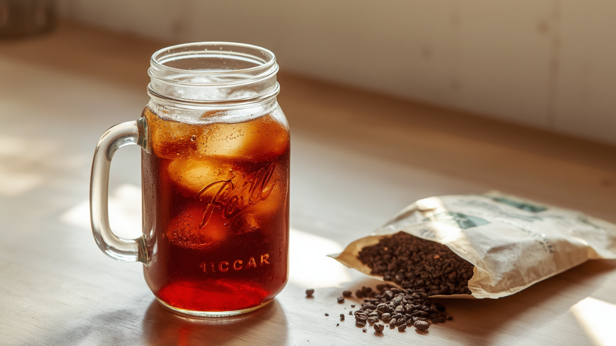Glass jar of cold brew coffee with ice next to coarse dark roast coffee beans