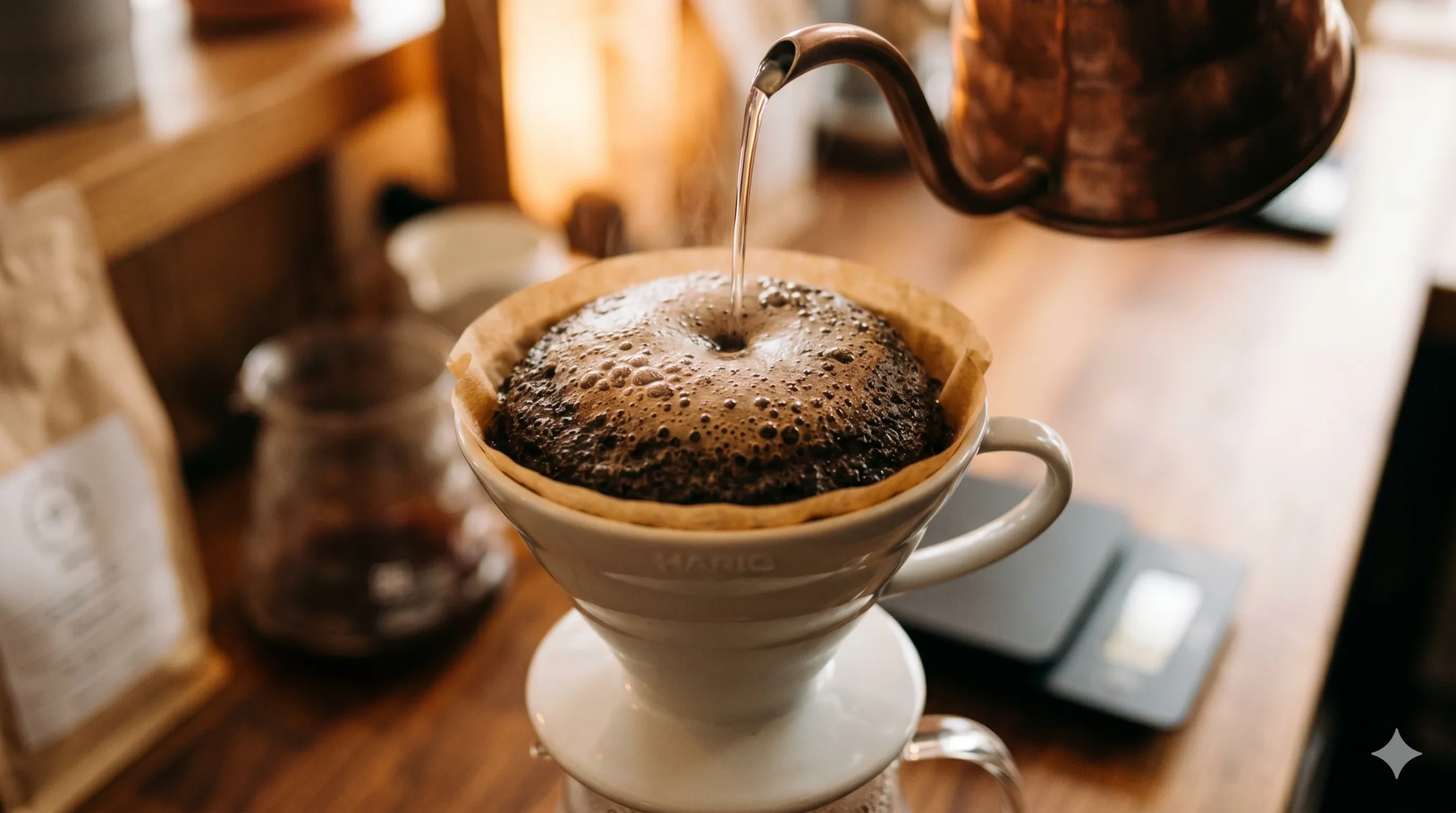Coffee bloom in a pour over dripper with visible dome and CO2 bubbles