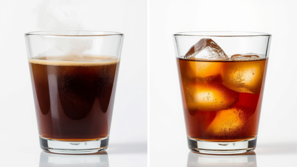 Hot brewed coffee next to cold brew coffee showing temperature and extraction differences