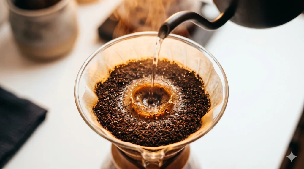 Hot water being poured into pour over coffee grounds during extraction