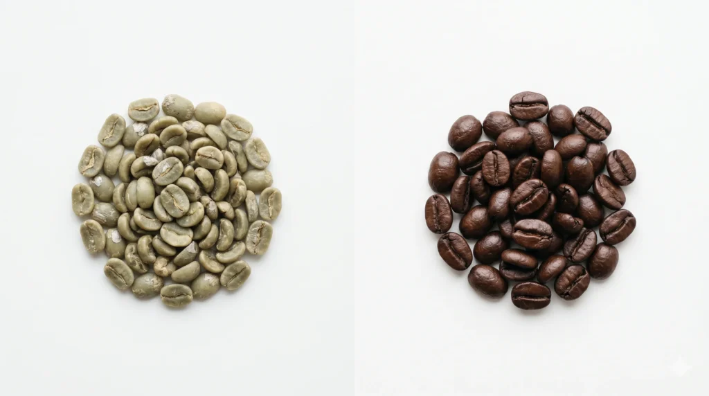 Green unroasted coffee beans on the left and dark roasted coffee beans on the right showing the roasting transformation