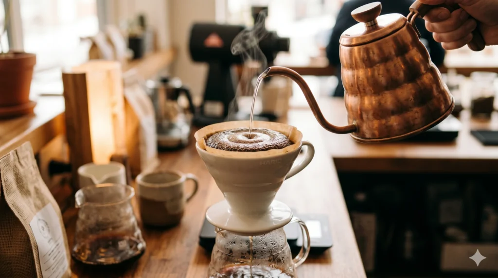 Gooseneck kettle pouring bloom water in a spiral onto coffee grounds in a V60 drippe