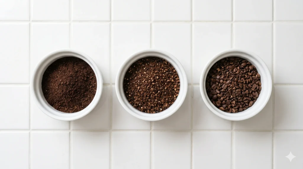 Three dishes showing fine, medium, and coarse coffee grind sizes side by side
