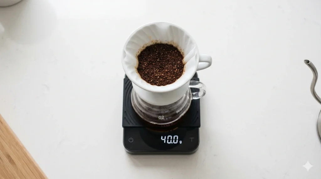 Digital scale showing 40 grams of bloom water being measured for pour over coffee