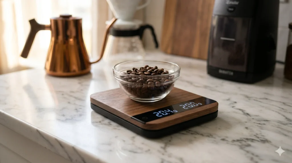 Digital kitchen scale measuring coffee beans for pour over brewing ratio