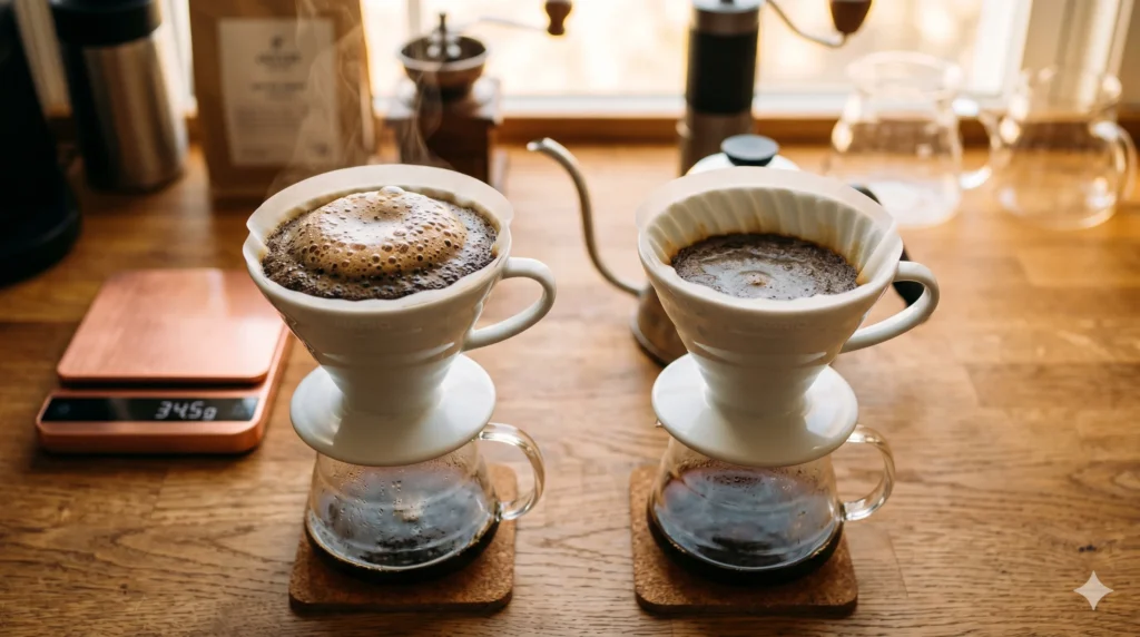 Two pour over drippers side by side — left showing an active fresh coffee bloom, right showing no bloom from stale coffee---coffee bloom explained