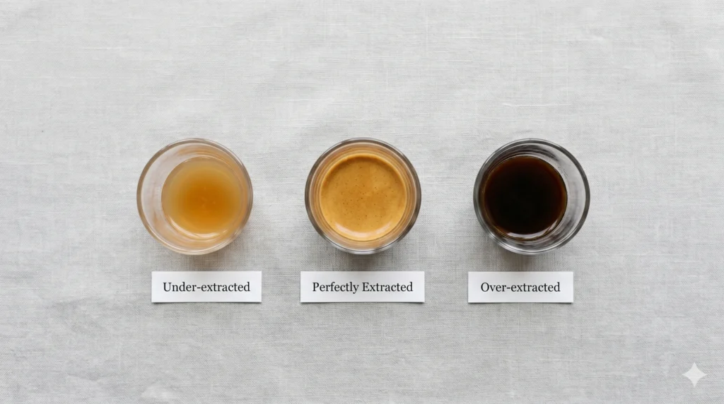 under-extracted vs over-extracted coffee:Three cups of coffee showing under-extraction, correct extraction, and over-extraction side by side
