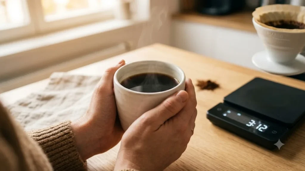 Hands holding a cup of freshly brewed pour over coffee with a coffee scale timer visible in the background