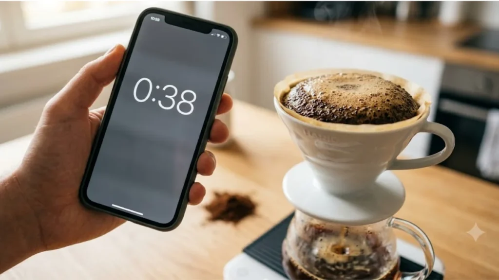 Smartphone timer showing 38 seconds next to a blooming pour over coffee bed