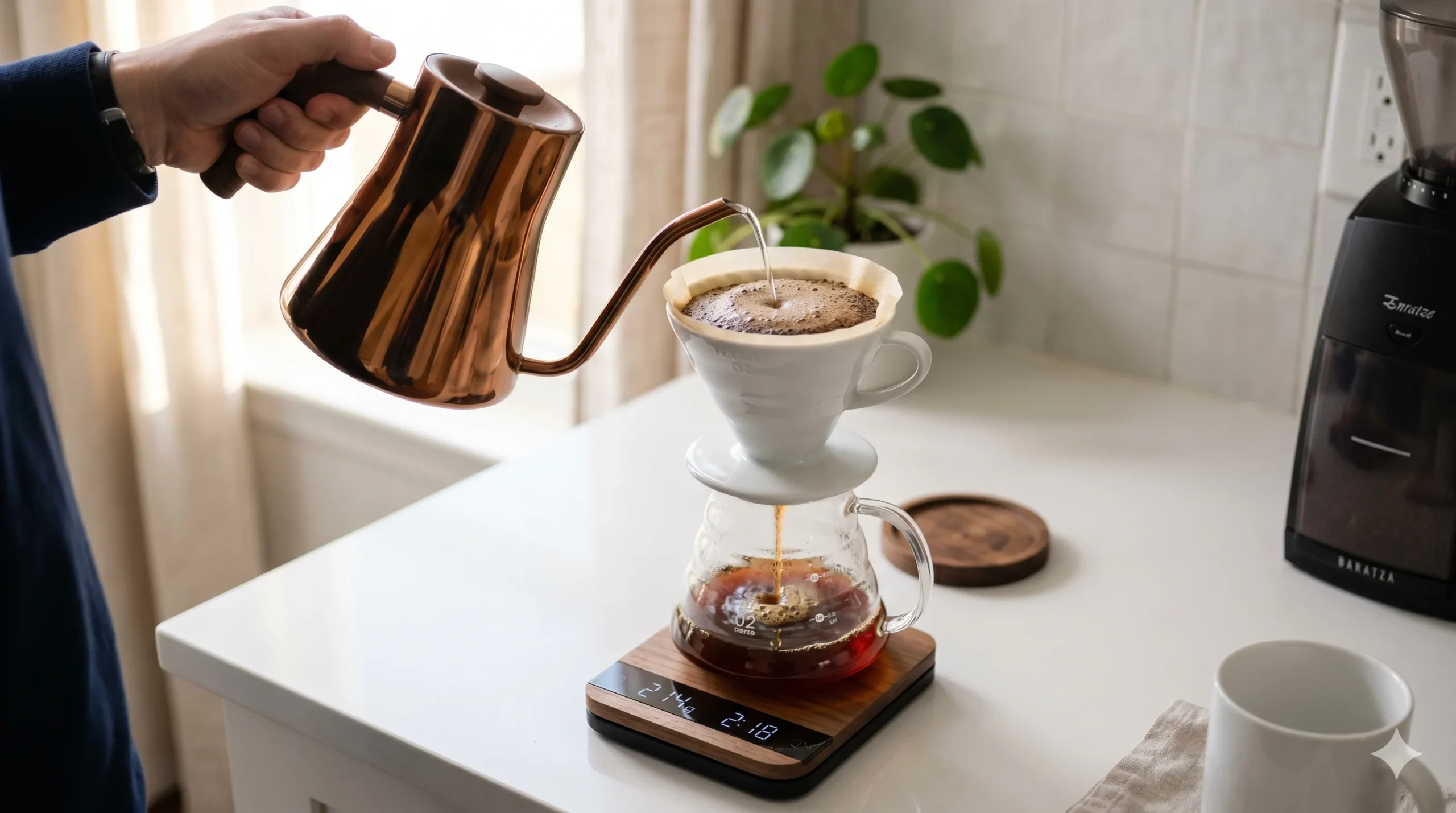 Gooseneck kettle pouring water into a V60 pour over dripper during bloom
