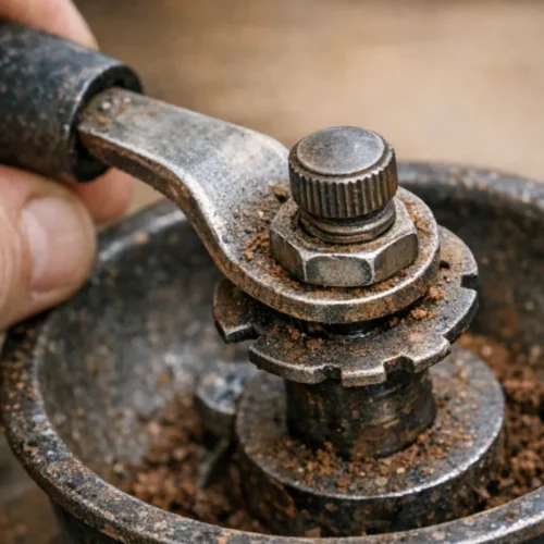 The handle connects to the central shaft through a screw, loosen over a period of regular use