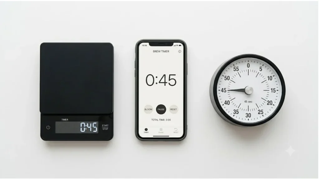 Three coffee timer options shown side by side — a coffee scale with timer, a smartphone timer app, and a standalone kitchen timer