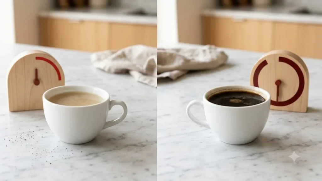 Two cups showing under-extracted pale coffee and over-extracted dark coffee representing too short and too long brew times