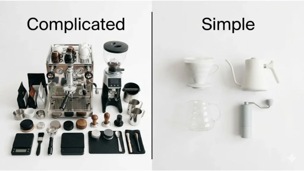A split image comparing a complicated espresso bar setup on the left versus a simple four-piece beginner pour over setup on the right